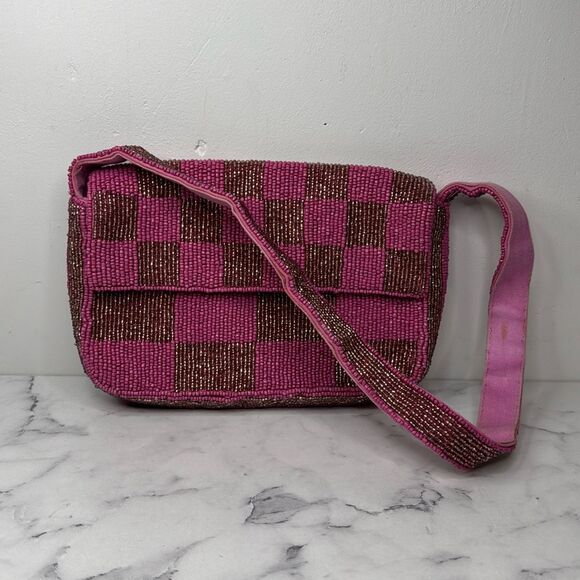 Anthropologie Pink and Brown Beaded Shoulder Bag - Picture 1 of 9